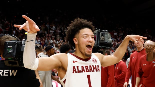 Jan 24, 2024; Tuscaloosa, Alabama, USA; Alabama Crimson Tide guard Mark Sears (1) celebrates the victory over the Auburn Tigers during the second half at Coleman Coliseum. Mandatory Credit: Butch Dill-USA TODAY Sports
